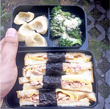27.-Salmon-egg-sandwich--nori-wrapped.-Broccoli-with-parmesan